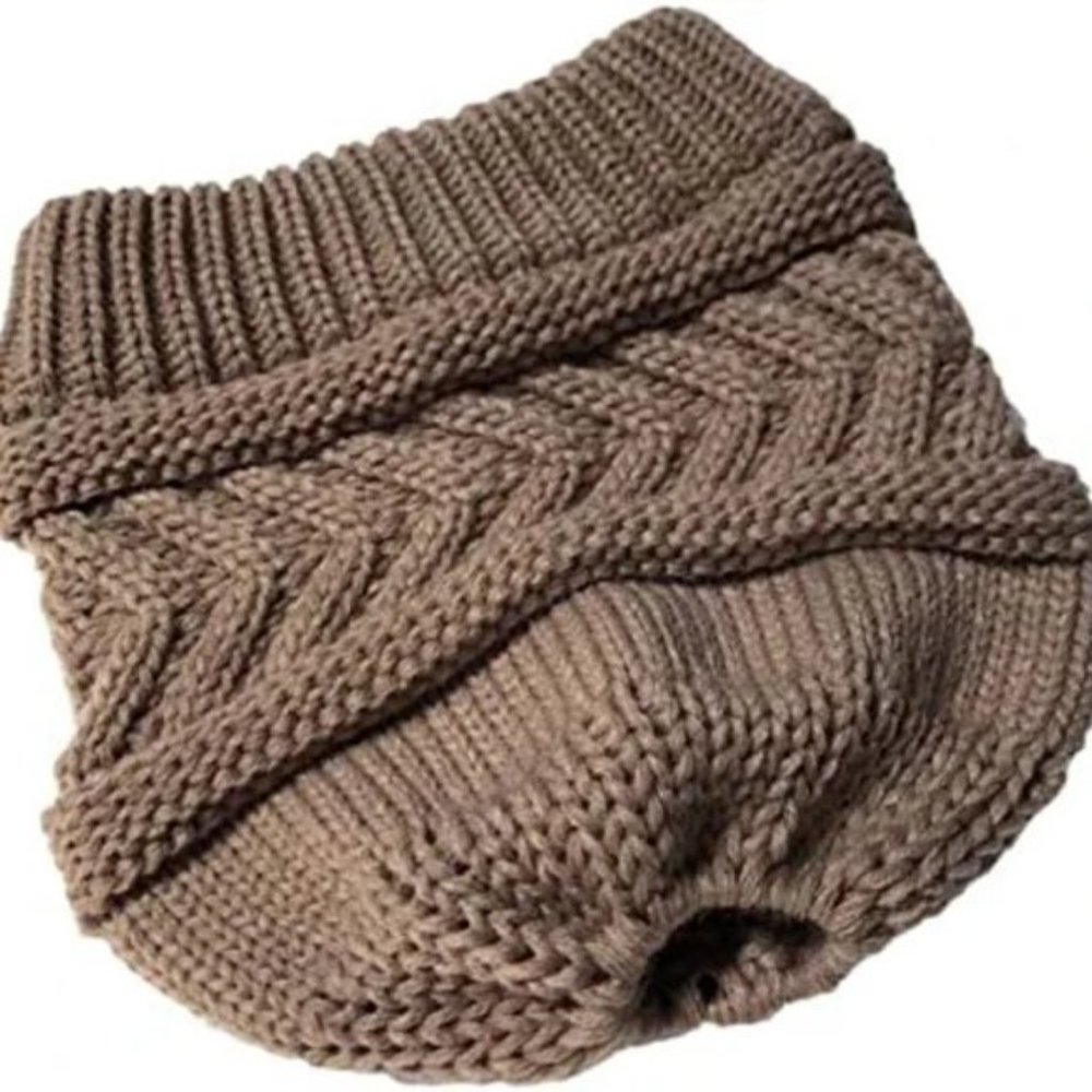 Brown Knit Warm Solid Beige Ponytail Beanie Hat - Picture 3 of 8